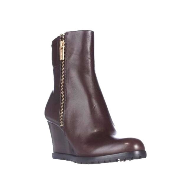 Womens Michael Kors Aileen Wedge Double Zipper Ankle Boots - Dark Chocolate - Picture 1 of 11